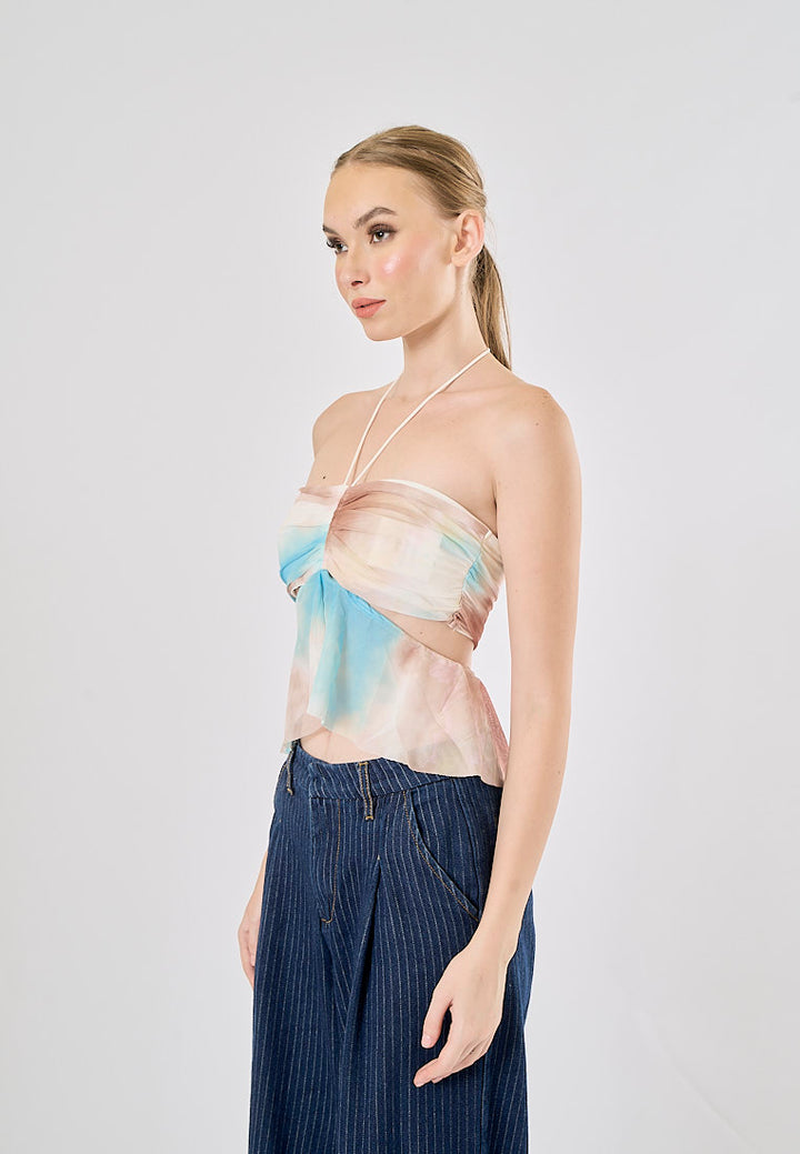 Quest Blue and Brown Abstract Print Side Hollow Out Halter Tank Top