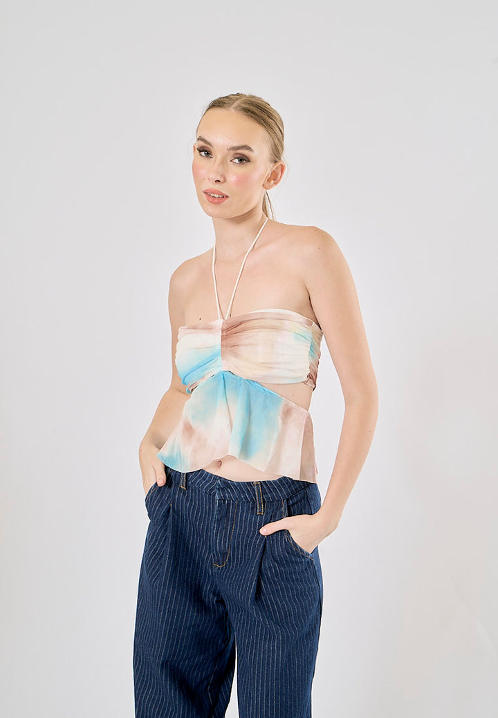 Quest Blue and Brown Abstract Print Side Hollow Out Halter Tank Top