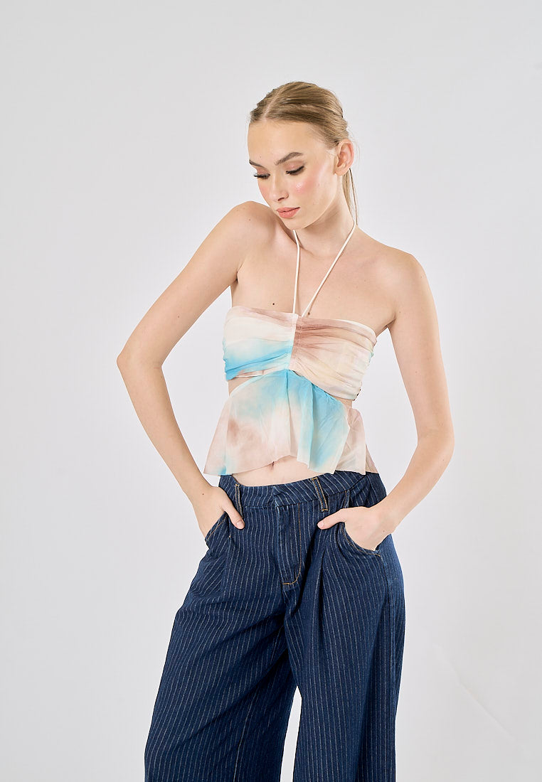 Quest Blue and Brown Abstract Print Side Hollow Out Halter Tank Top