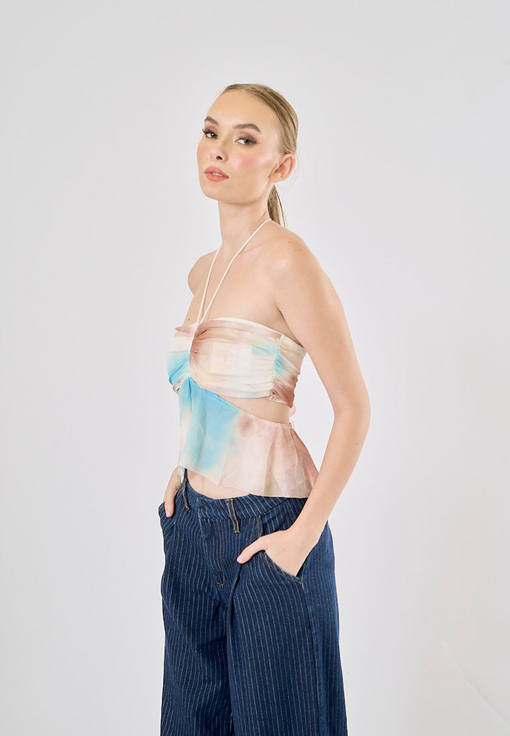 Quest Blue and Brown Abstract Print Side Hollow Out Halter Tank Top