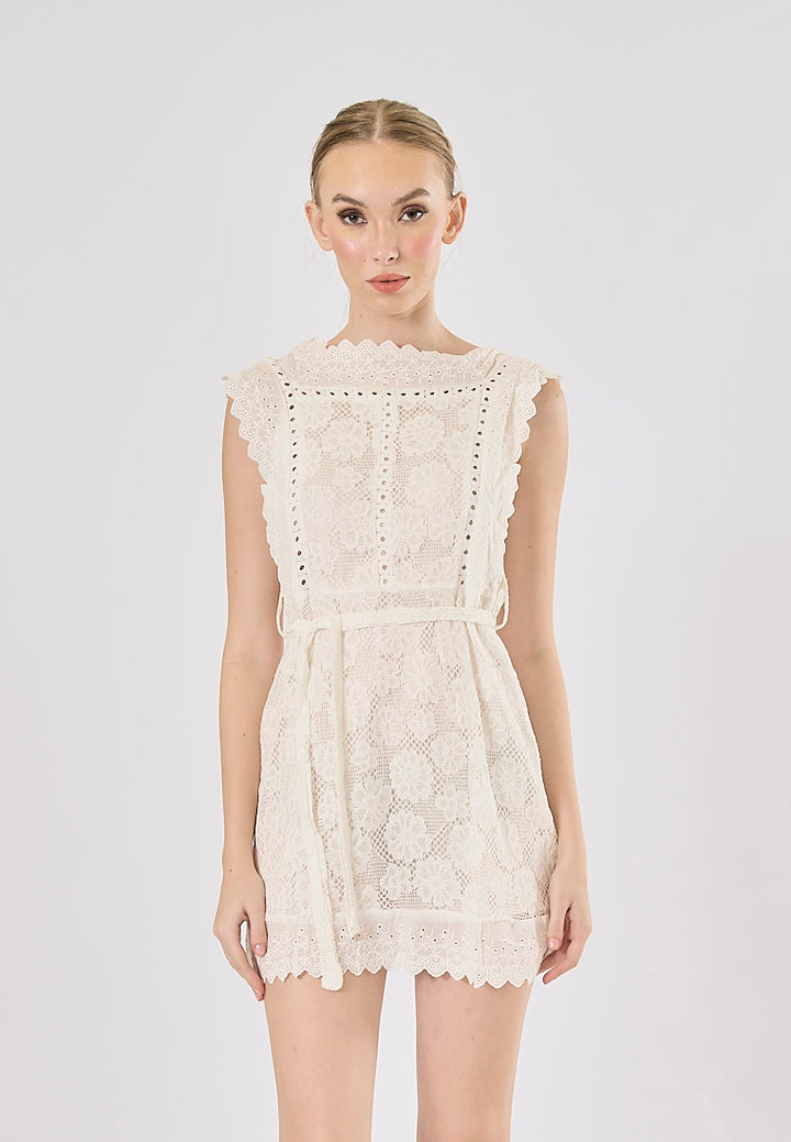 Gracey White Hollow Out Lace Ruffle Mini Dress