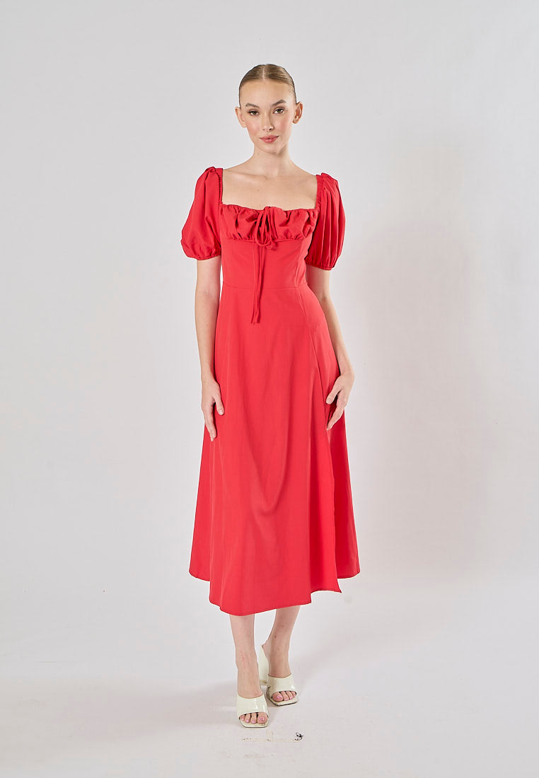 Merrylou Red Square Collar High Slit Midi Dress