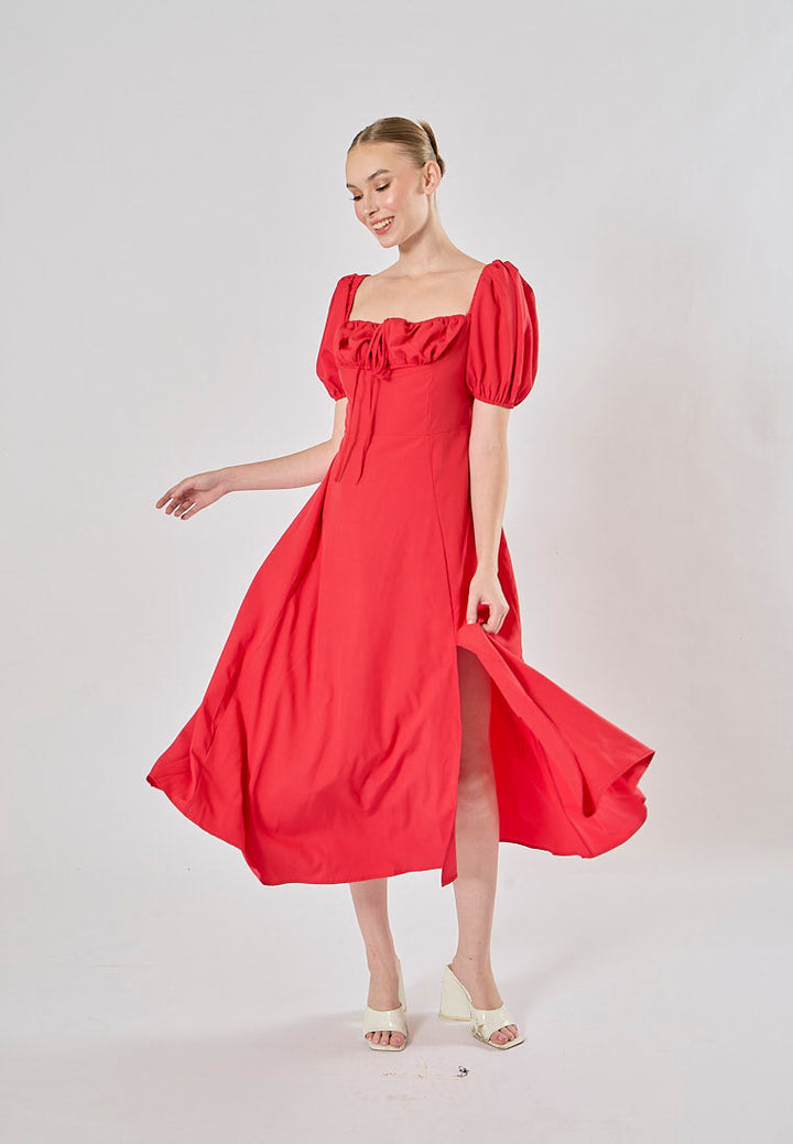 Merrylou Red Square Collar High Slit Midi Dress