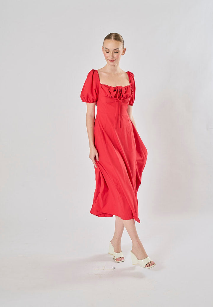 Merrylou Red Square Collar High Slit Midi Dress