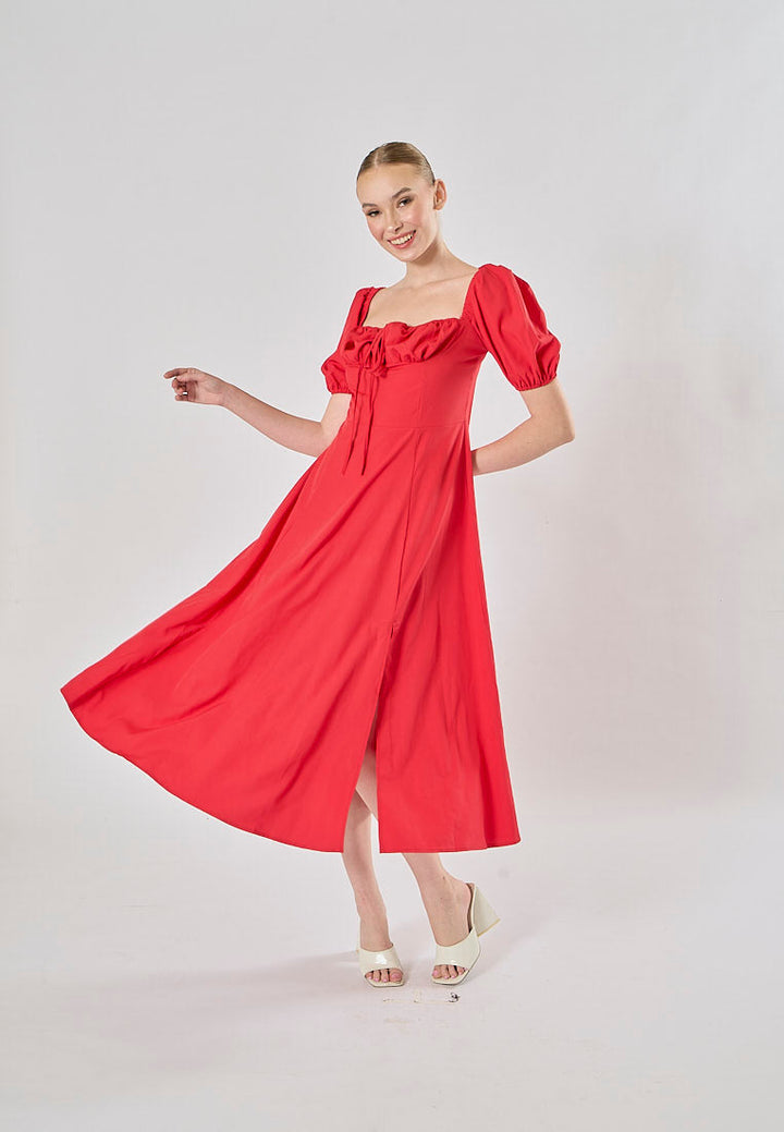Merrylou Red Square Collar High Slit Midi Dress