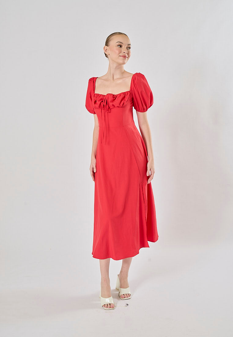 Merrylou Red Square Collar High Slit Midi Dress