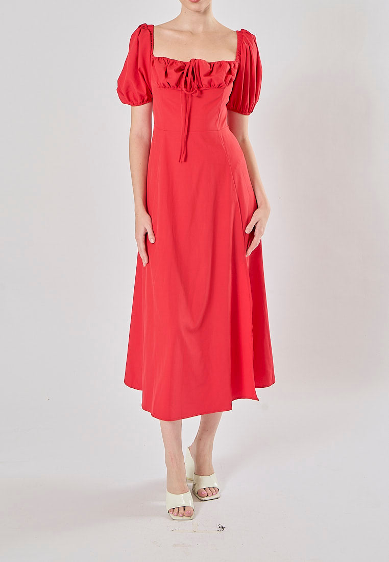 Merrylou Red Square Collar High Slit Midi Dress