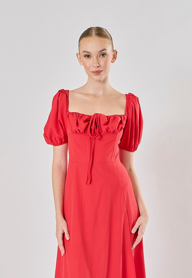 Merrylou Red Square Collar High Slit Midi Dress