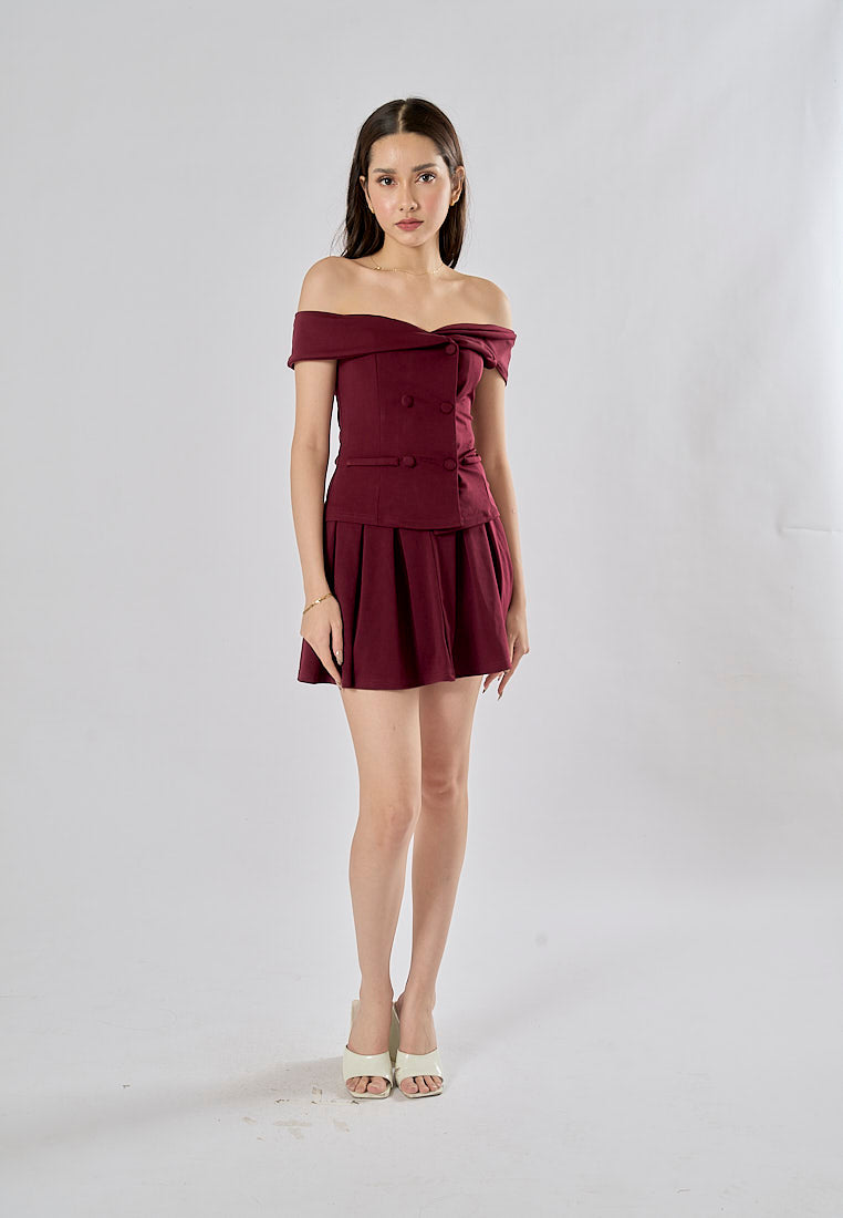 Faiyaz Burgandy Red Drop Shoulder Double Breasted Top Pleated Mini Skirt 2 Pieces Set