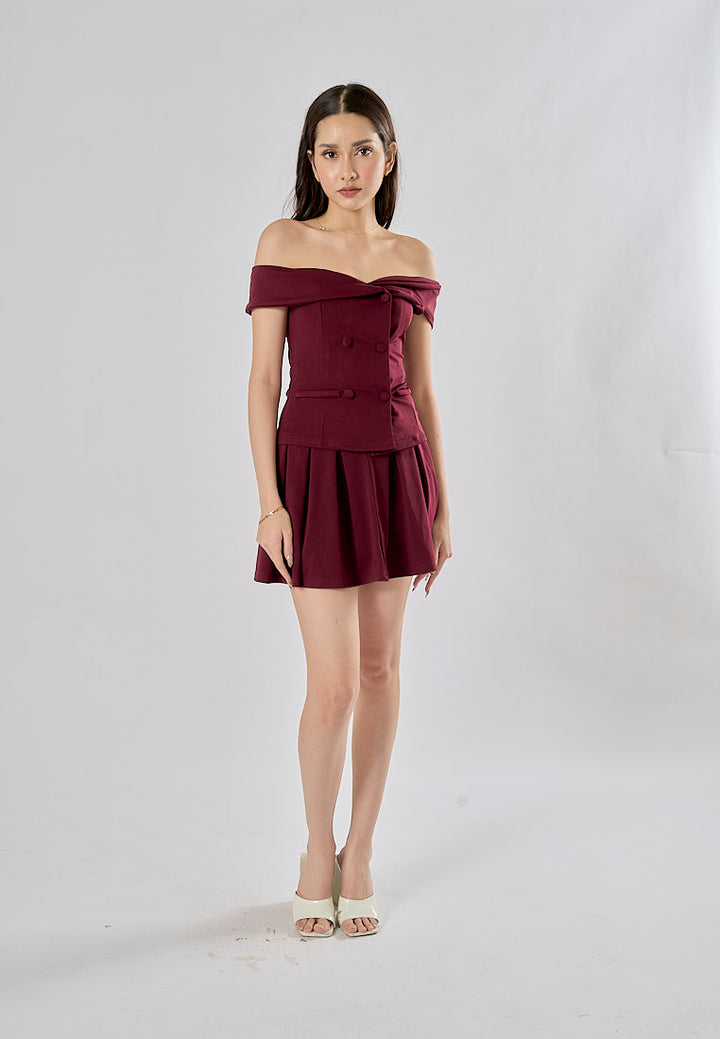 Faiyaz Burgandy Red Drop Shoulder Double Breasted Top Pleated Mini Skirt 2 Pieces Set