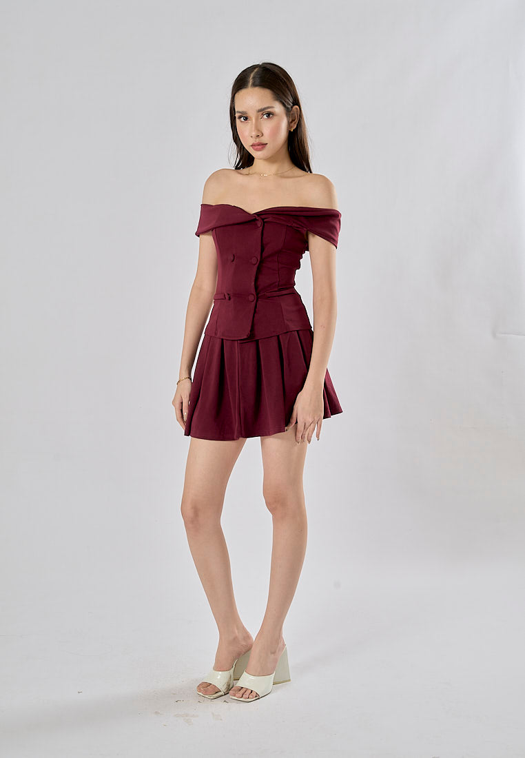 Faiyaz Burgandy Red Drop Shoulder Double Breasted Top Pleated Mini Skirt 2 Pieces Set