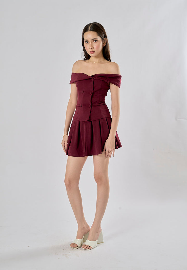 Faiyaz Burgandy Red Drop Shoulder Double Breasted Top Pleated Mini Skirt 2 Pieces Set