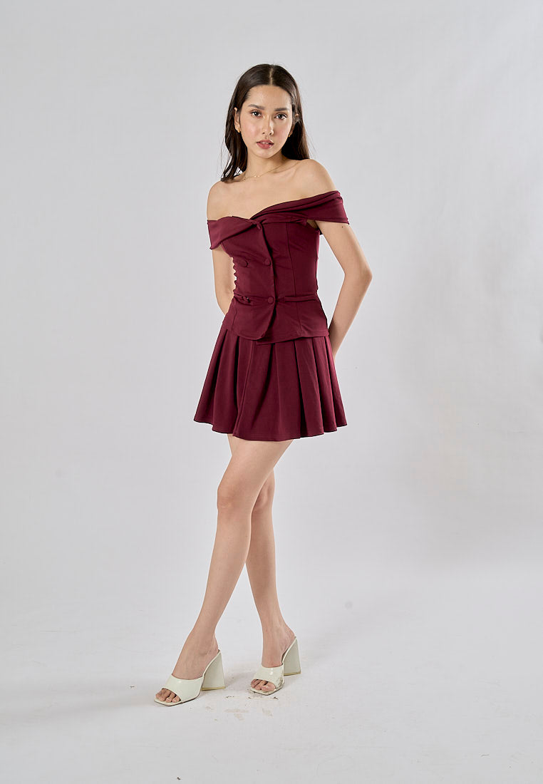 Faiyaz Burgandy Red Drop Shoulder Double Breasted Top Pleated Mini Skirt 2 Pieces Set