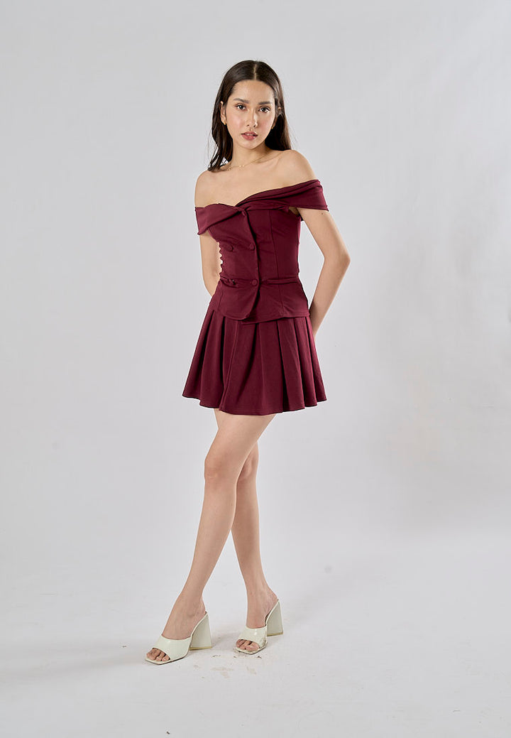 Faiyaz Burgandy Red Drop Shoulder Double Breasted Top Pleated Mini Skirt 2 Pieces Set