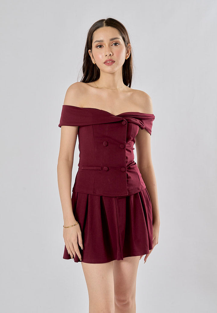 Faiyaz Burgandy Red Drop Shoulder Double Breasted Top Pleated Mini Skirt 2 Pieces Set