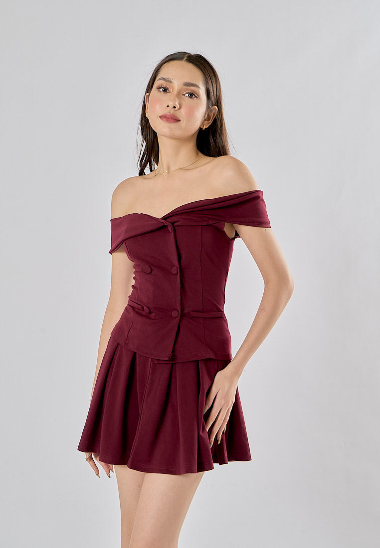 Faiyaz Burgandy Red Drop Shoulder Double Breasted Top Pleated Mini Skirt 2 Pieces Set
