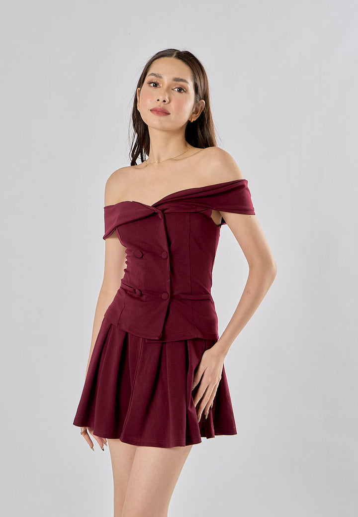 Faiyaz Burgandy Red Drop Shoulder Double Breasted Top Pleated Mini Skirt 2 Pieces Set