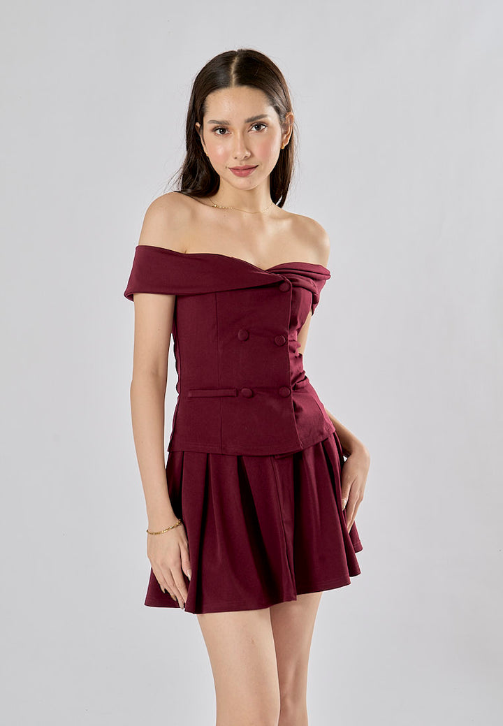 Faiyaz Burgandy Red Drop Shoulder Double Breasted Top Pleated Mini Skirt 2 Pieces Set
