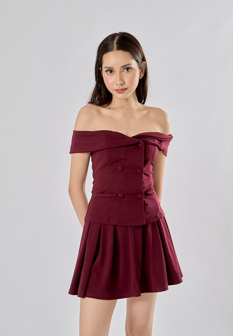 Faiyaz Burgandy Red Drop Shoulder Double Breasted Top Pleated Mini Skirt 2 Pieces Set