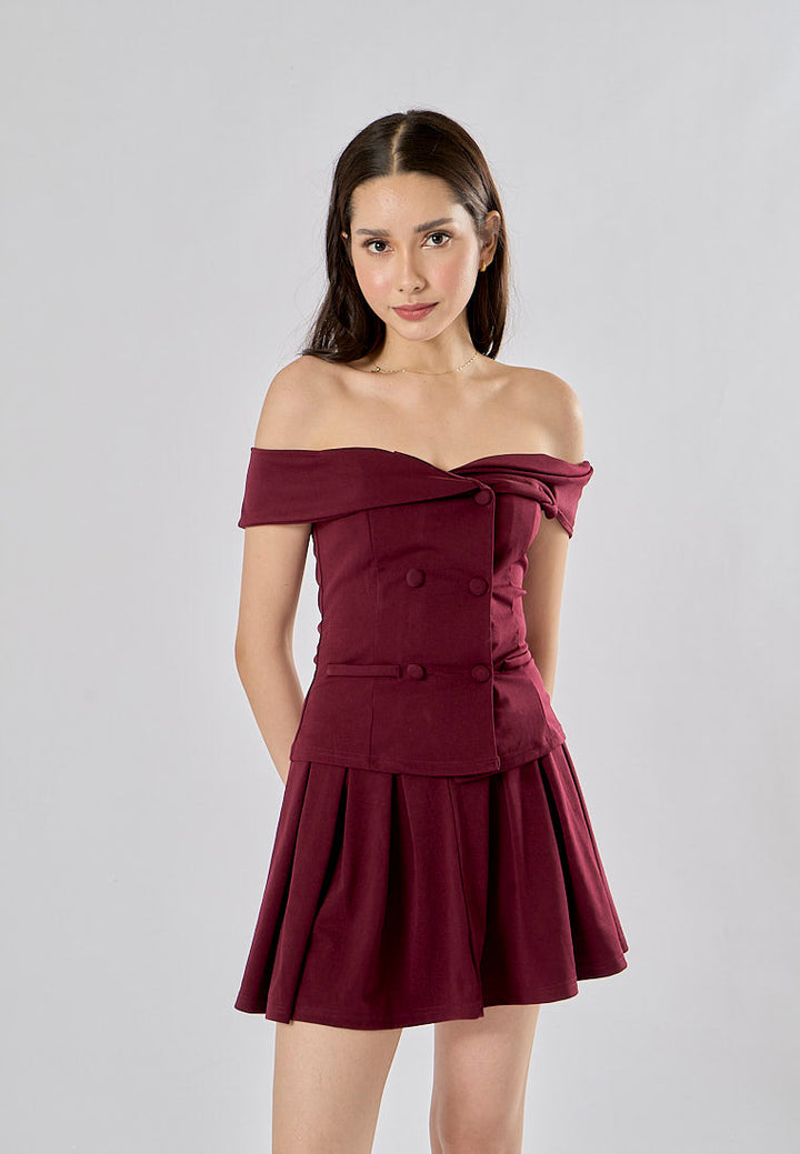 Faiyaz Burgandy Red Drop Shoulder Double Breasted Top Pleated Mini Skirt 2 Pieces Set