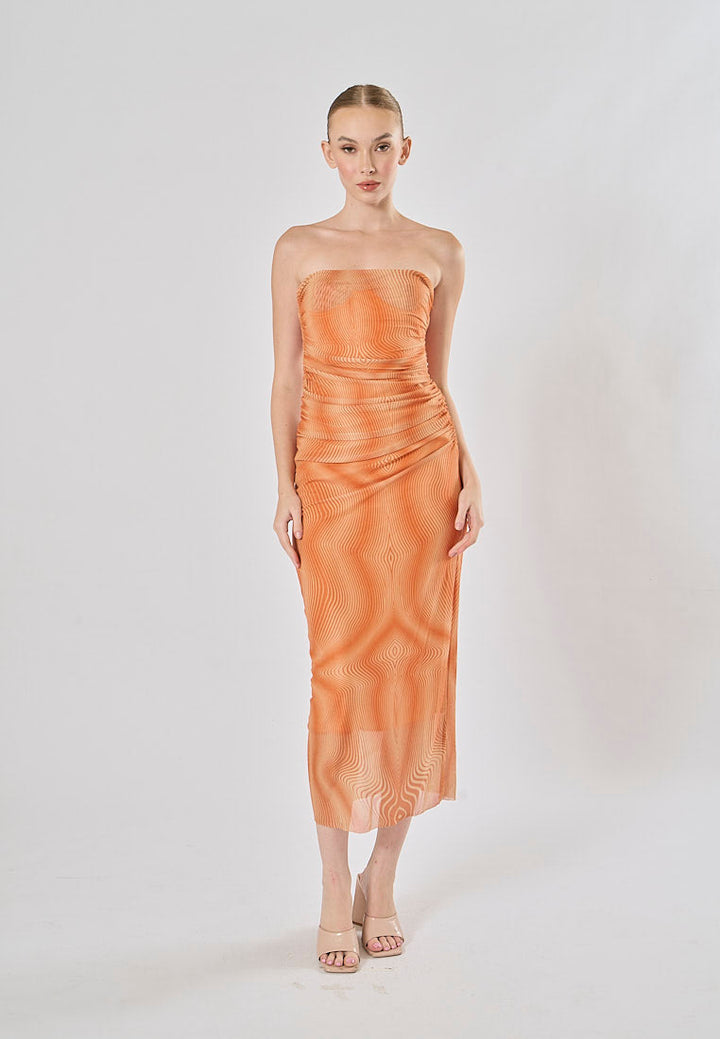 Canyon Burnt Orange Wave Pattern Mesh Tube Midi Dress