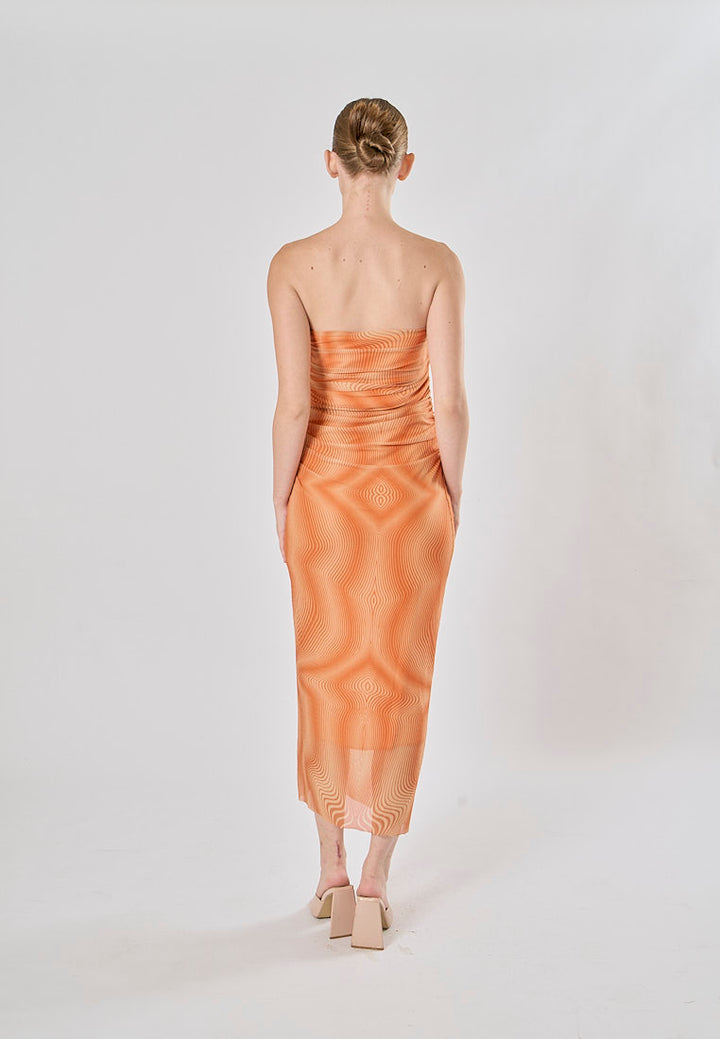 Canyon Burnt Orange Wave Pattern Mesh Tube Midi Dress