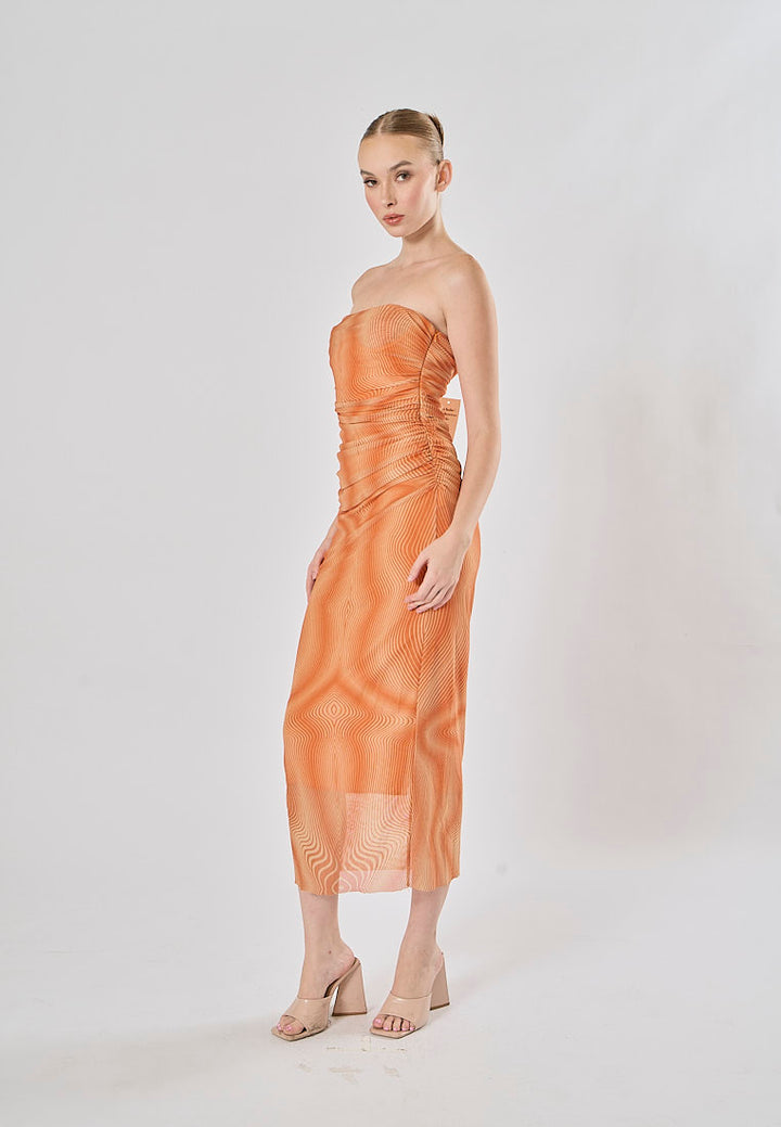 Canyon Burnt Orange Wave Pattern Mesh Tube Midi Dress