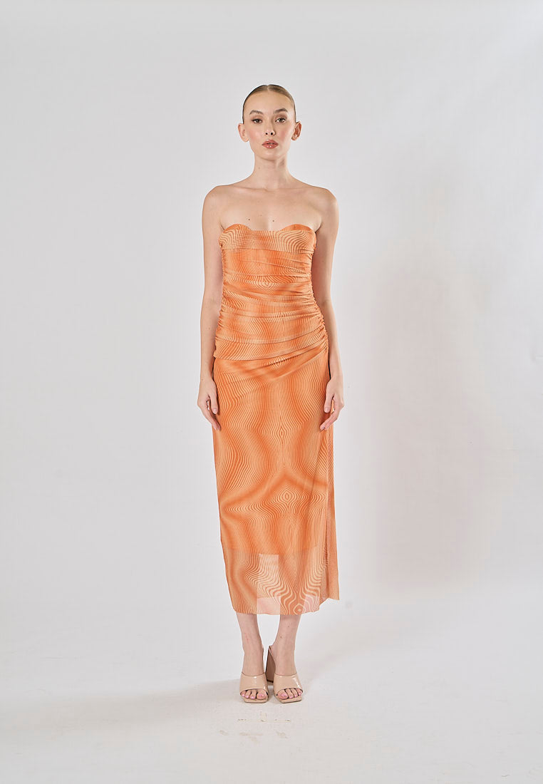 Canyon Burnt Orange Wave Pattern Mesh Tube Midi Dress