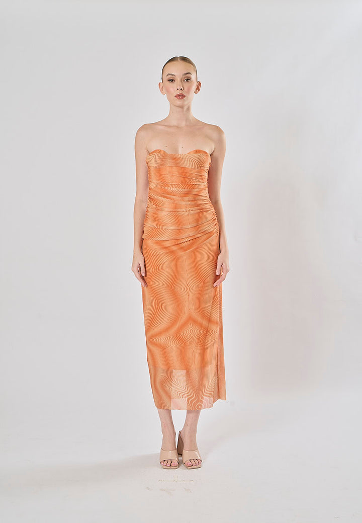Canyon Burnt Orange Wave Pattern Mesh Tube Midi Dress