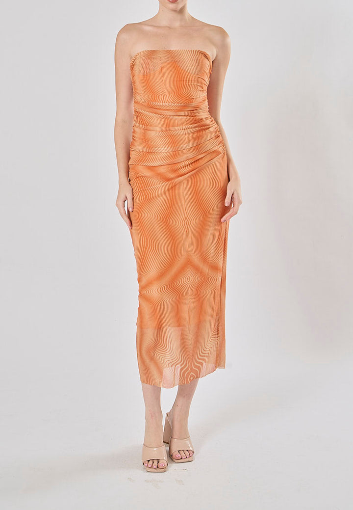 Canyon Burnt Orange Wave Pattern Mesh Tube Midi Dress