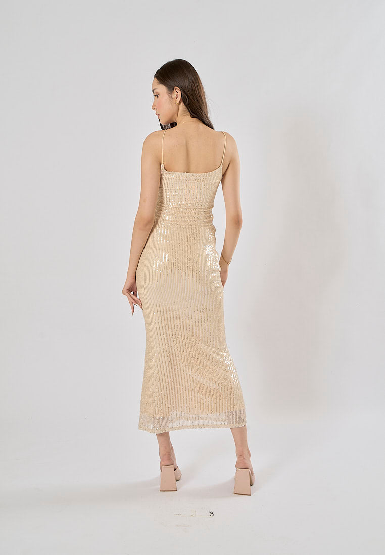 Valentia Champagne Sequin Bodycon Midi Dress