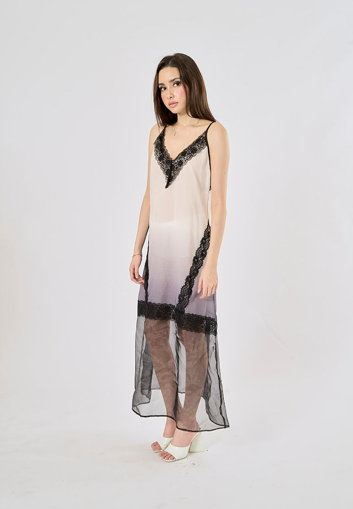 Nica Black and White Ombre Spaghetti Strap Front Lace Midi Dress