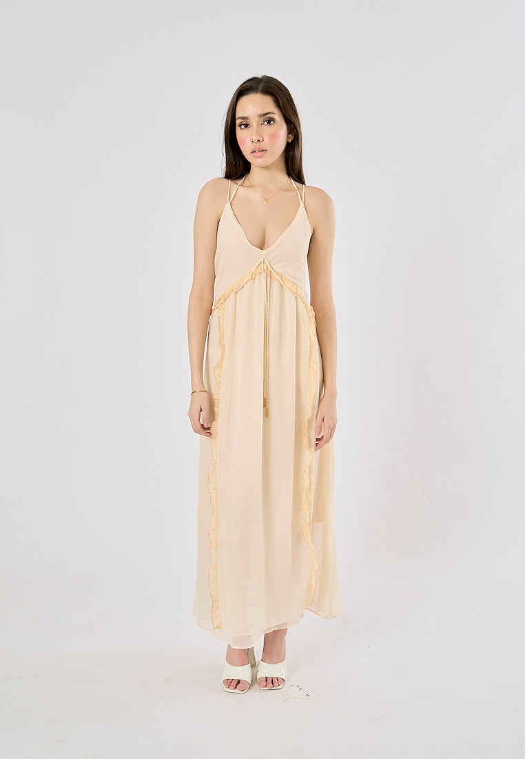 Zeya Beige Halter Sling Contrast Back Hollow Out Midi Dress