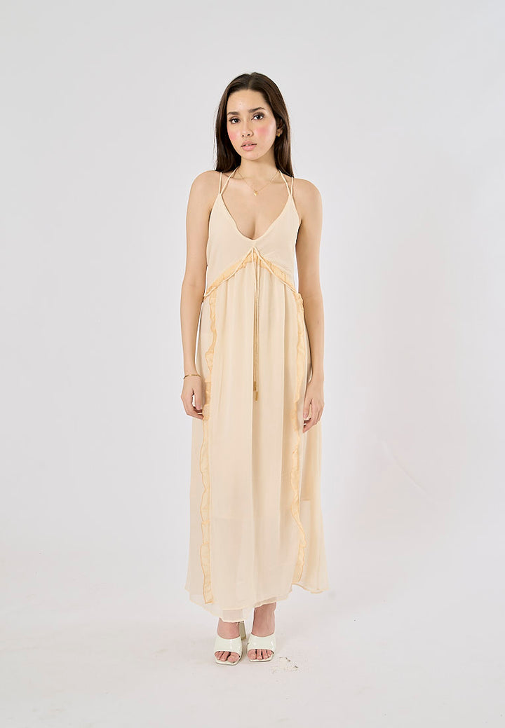 Zeya Beige Halter Sling Contrast Back Hollow Out Midi Dress