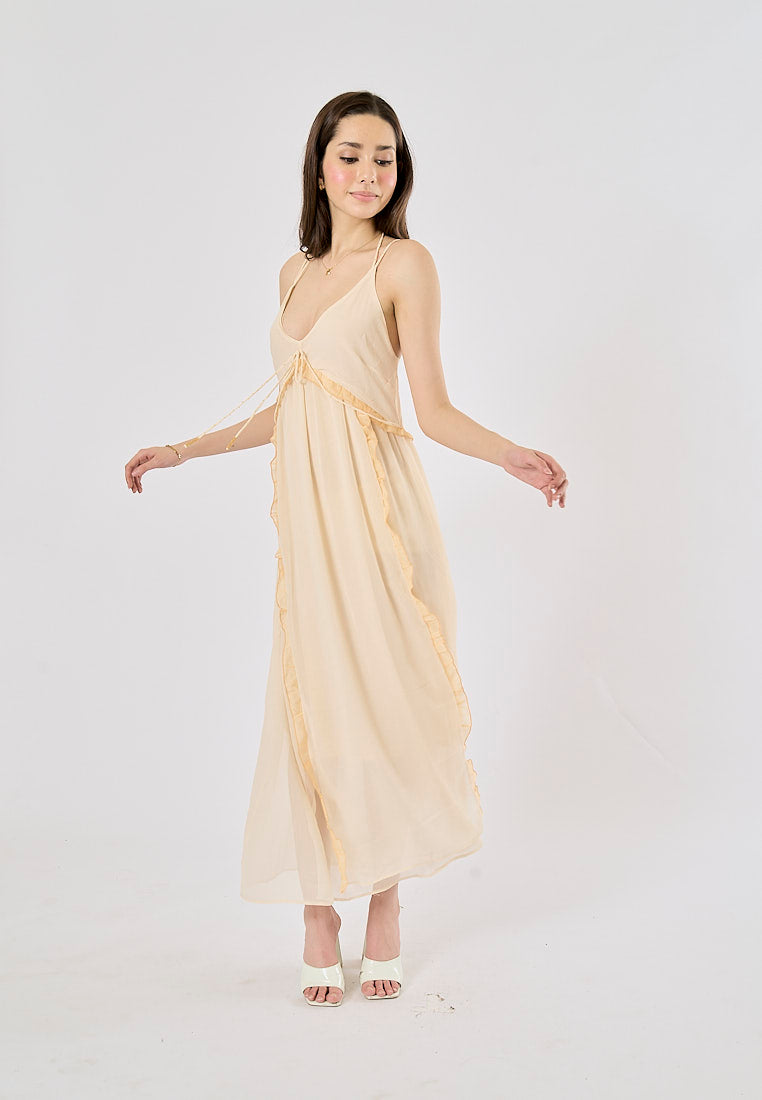 Zeya Beige Halter Sling Contrast Back Hollow Out Midi Dress