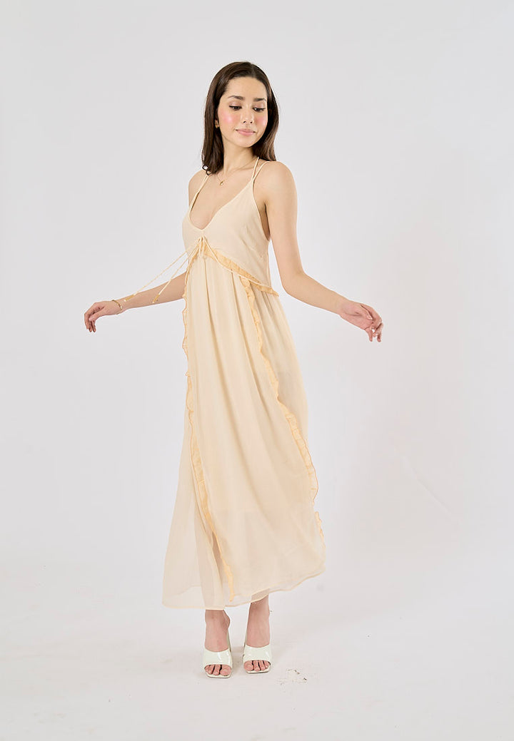 Zeya Beige Halter Sling Contrast Back Hollow Out Midi Dress