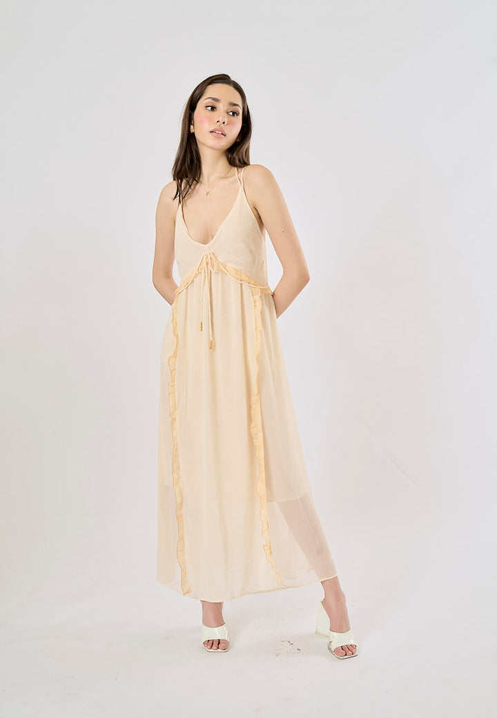 Zeya Beige Halter Sling Contrast Back Hollow Out Midi Dress