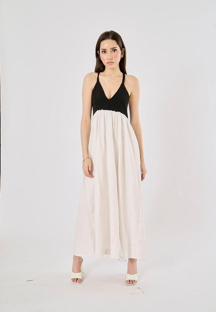 Domino Black and White Contrast V-Neck Back Hollow Out Midi Dress