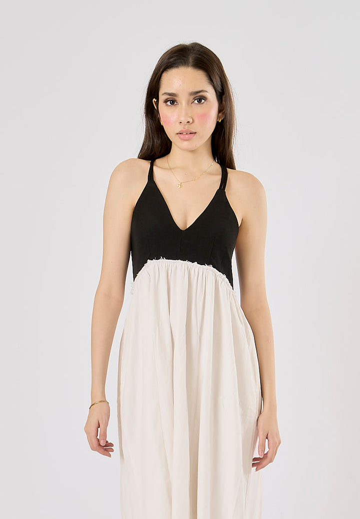 Domino Black and White Contrast V-Neck Back Hollow Out Midi Dress