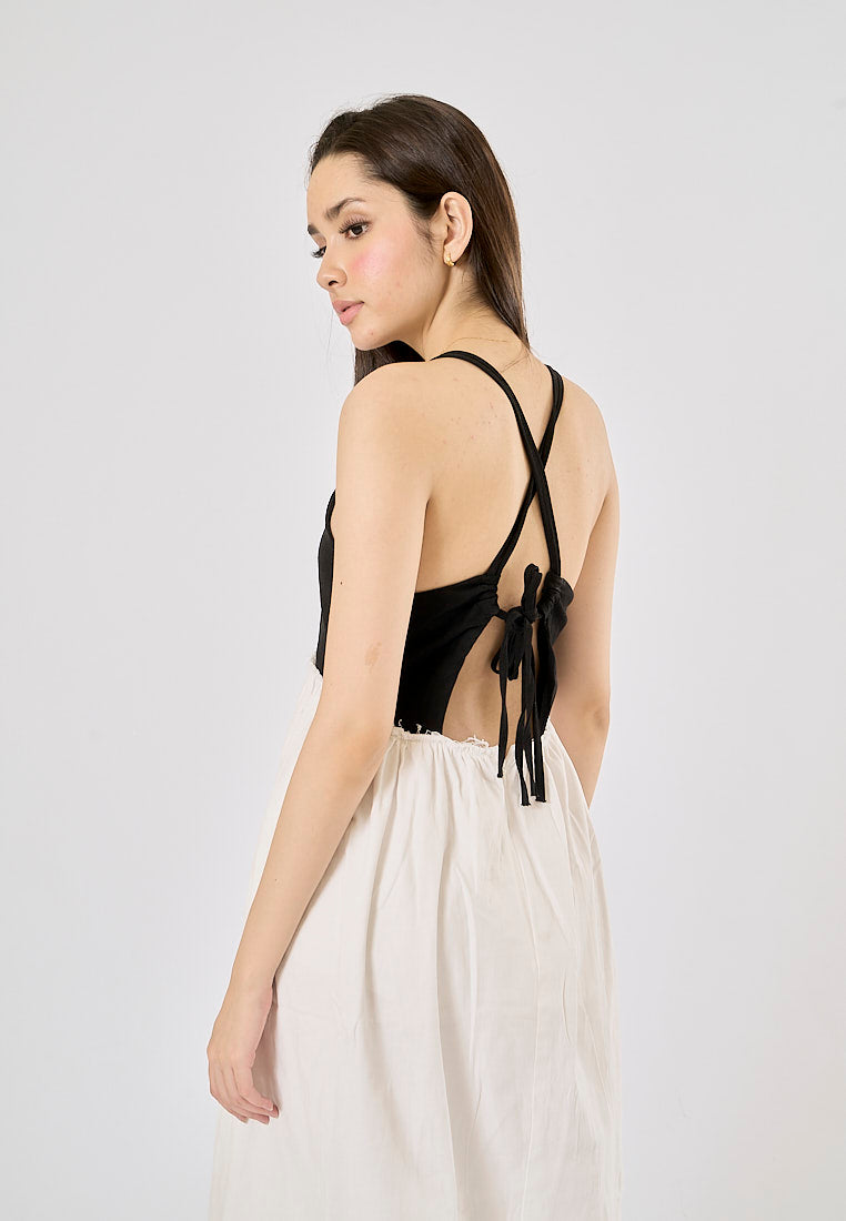 Domino Black and White Contrast V-Neck Back Hollow Out Midi Dress