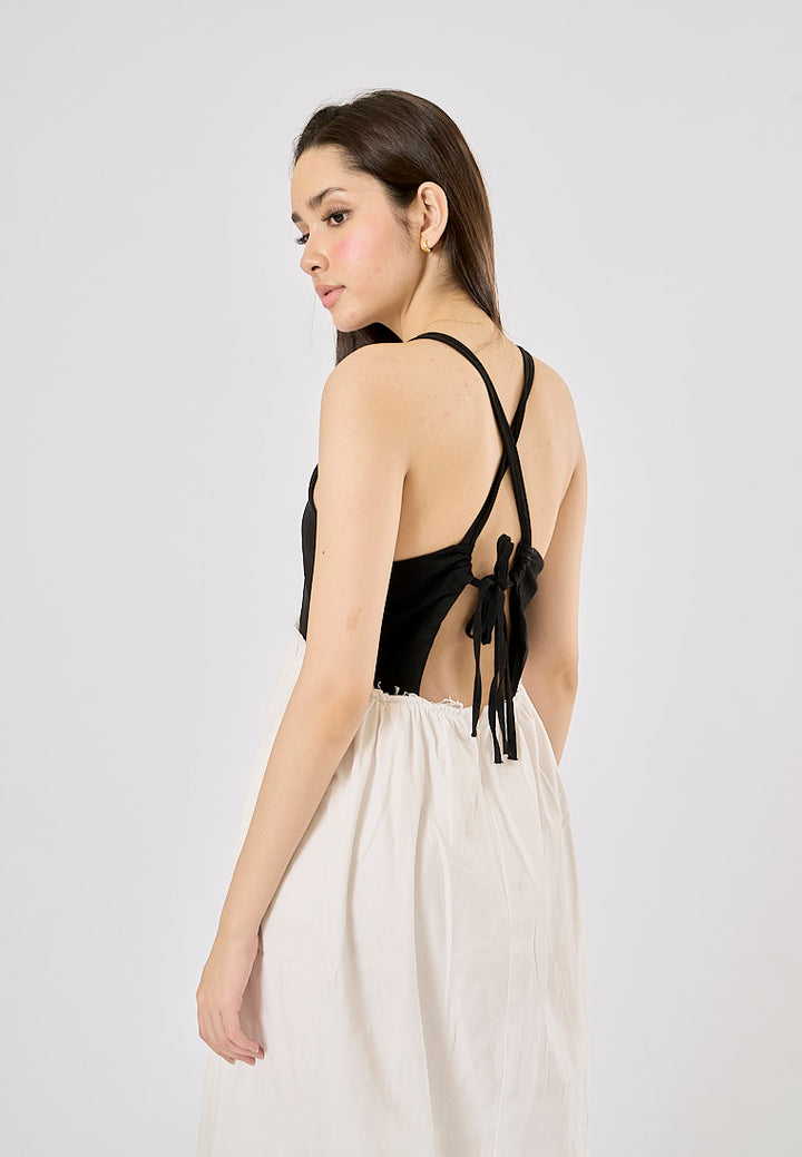 Domino Black and White Contrast V-Neck Back Hollow Out Midi Dress