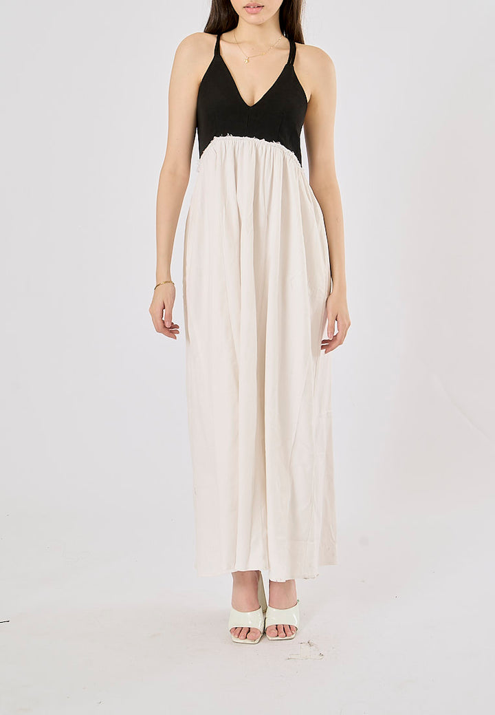 Domino Black and White Contrast V-Neck Back Hollow Out Midi Dress