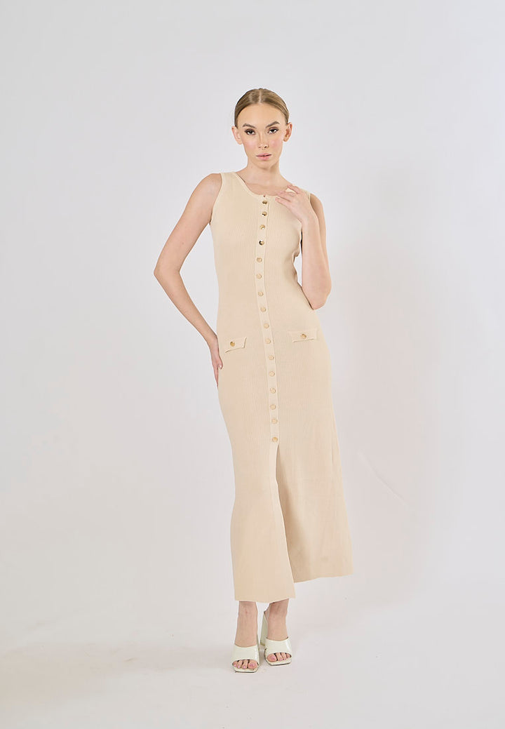 Ventura Beige Button Closure Single-Breasted Knitted Midi Dress