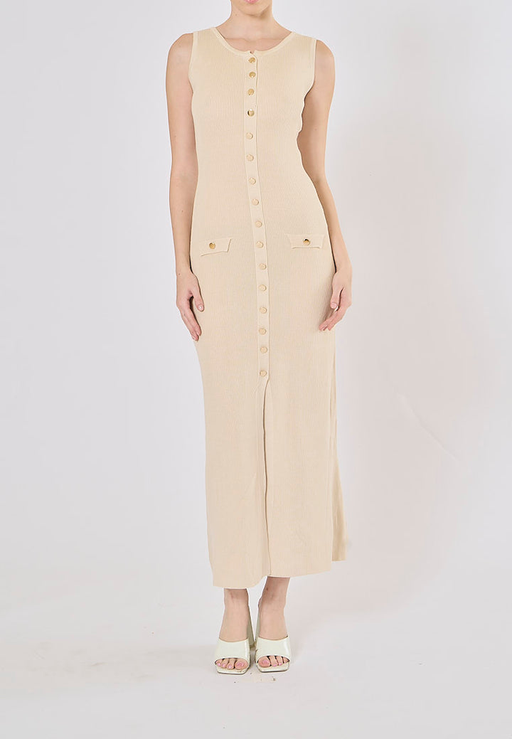 Ventura Beige Button Closure Single-Breasted Knitted Midi Dress