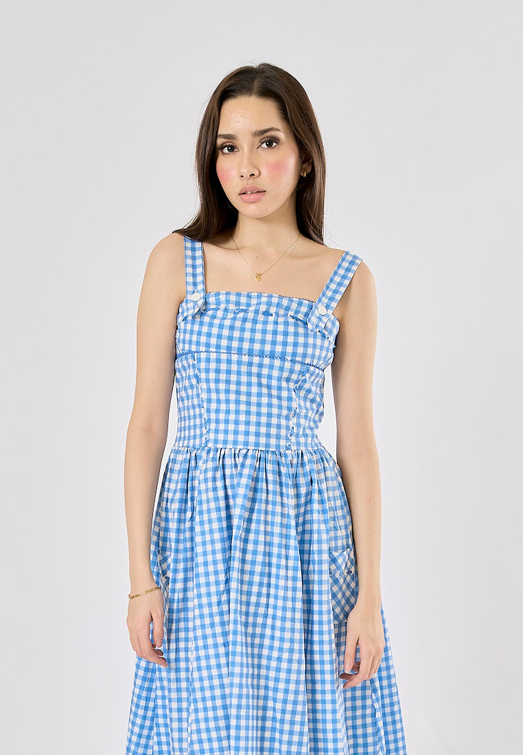 Kendys Blue and White Checkered Front Side Pockets Midi Dress Love, Ara Kendys Blue and White Checkered Front Side Pockets Midi Dress Love, Ara