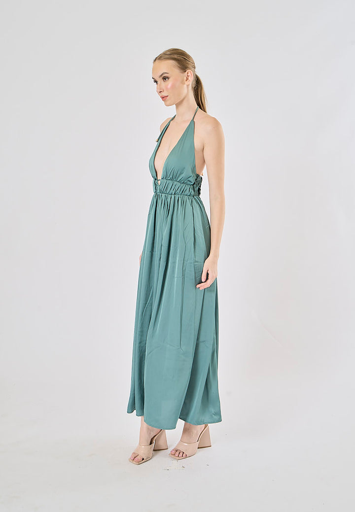 Vivid Teal Versatile Braided Strap Back Hollow Out Midi Dress