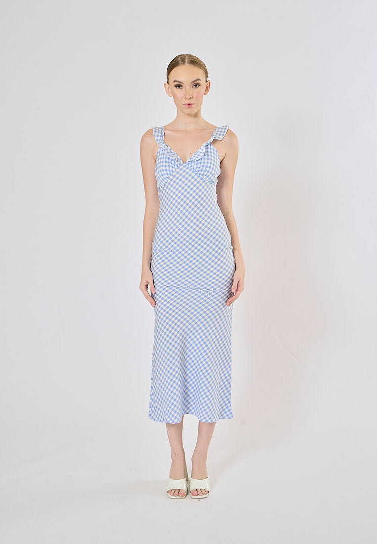 Aquila Sky Blue Plaid Bias Cut Midi Dress
