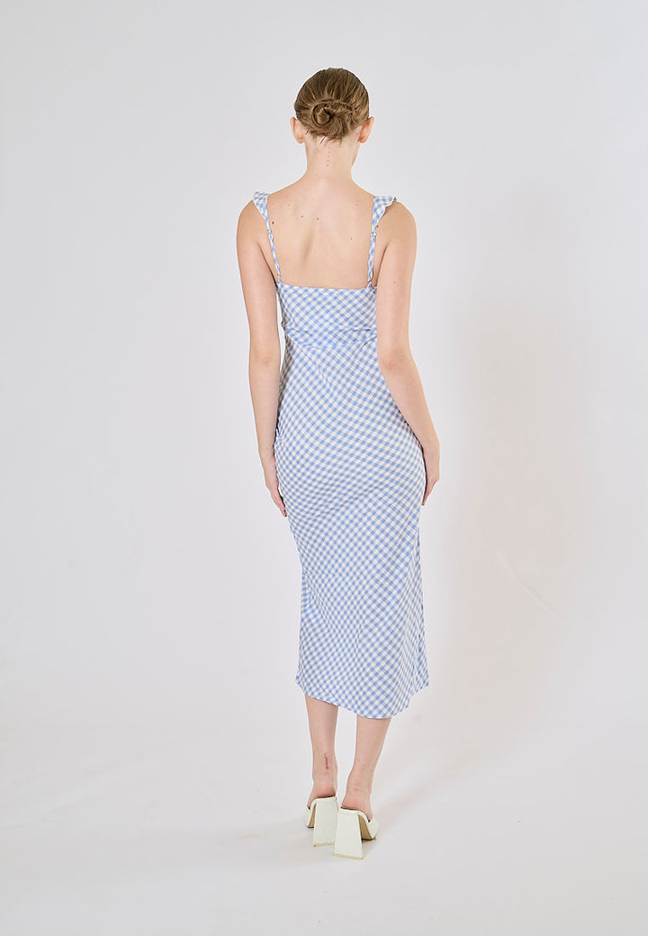 Aquila Sky Blue Plaid Bias Cut Midi Dress