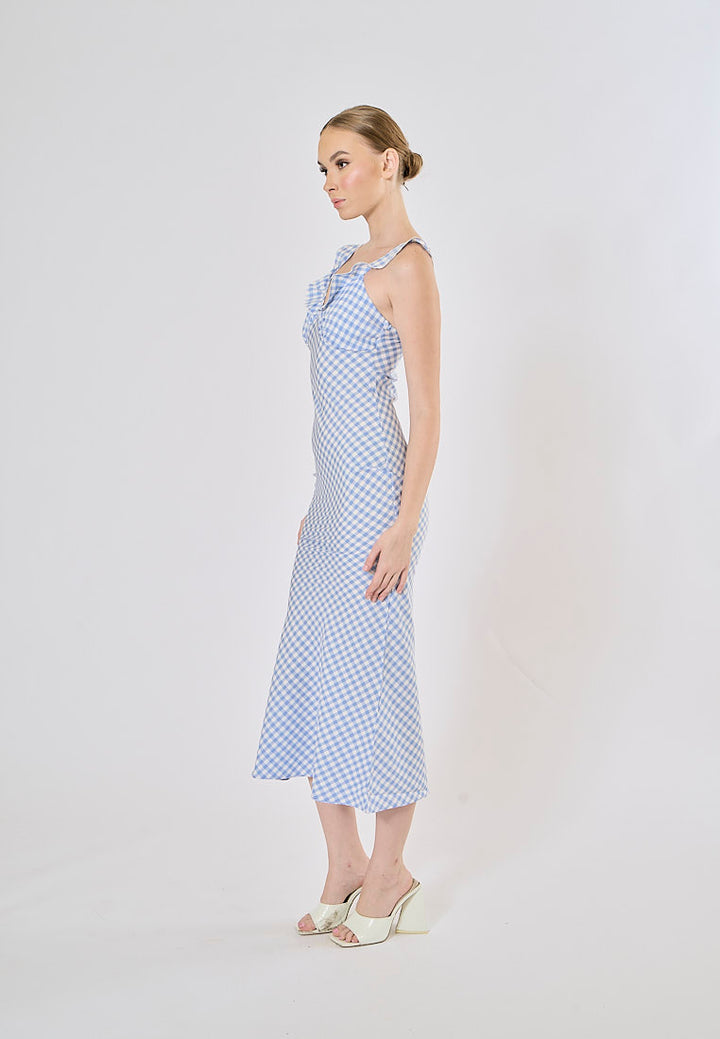 Aquila Sky Blue Plaid Bias Cut Midi Dress