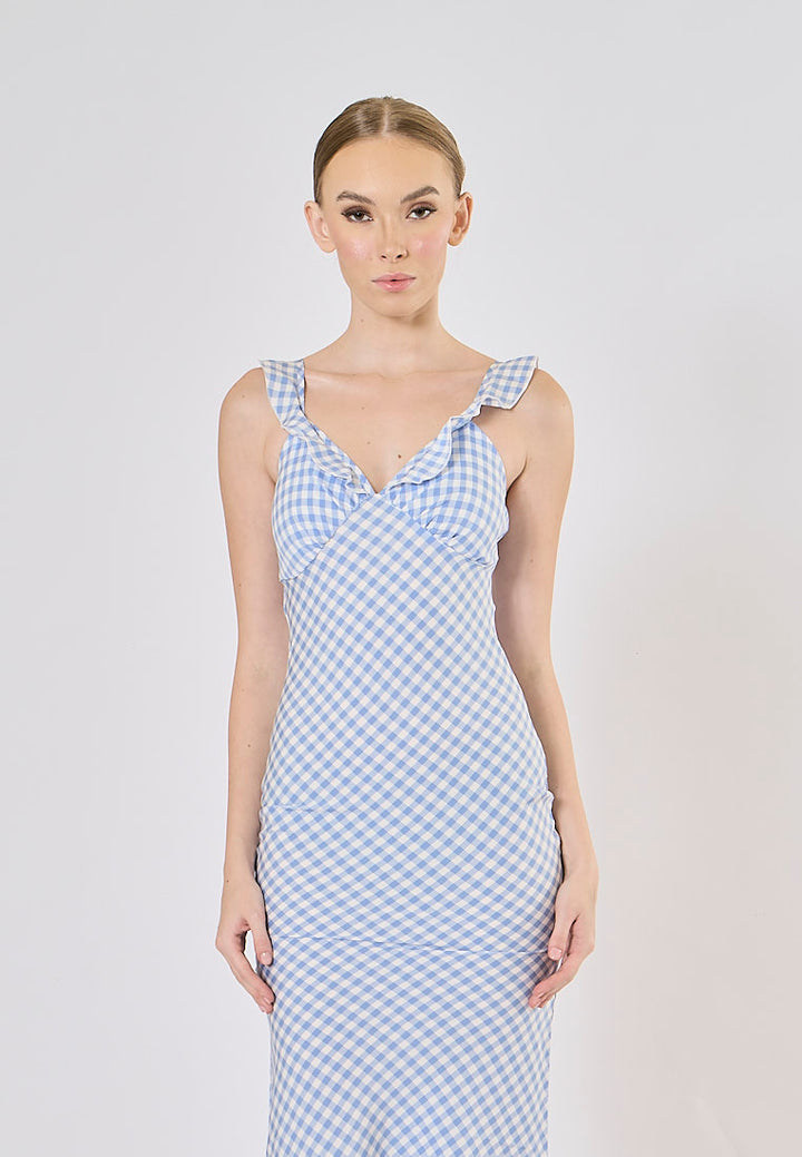 Aquila Sky Blue Plaid Bias Cut Midi Dress